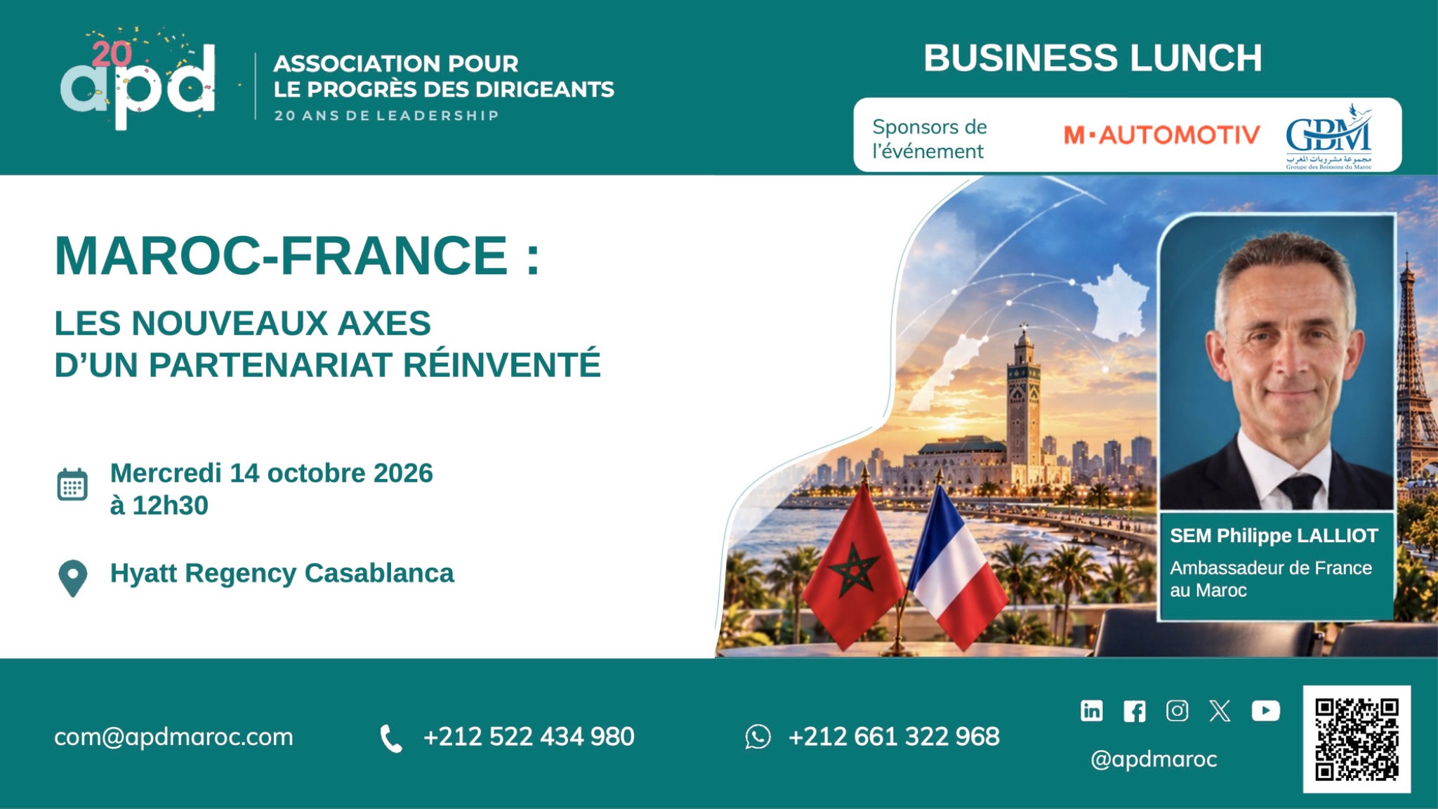 Affiche du Business Lunch APD : Maroc–France, les nouveaux axes d’un partenariat réinventé, avec S.E.M. Philippe Lalliot, le 14 octobre 2026 au Hyatt Regency Casablanca